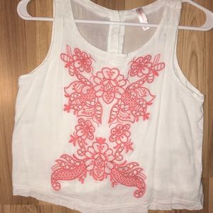 White with Coral Embroidery Crop Top